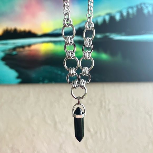 Handmade maille stainless steel cuban chain necklace + black obsidian bullet - Picture 12 of 13